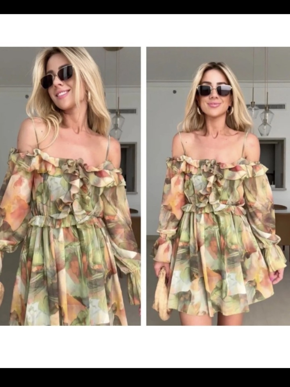 Zara Floral Ruffle Off-Shoulder Mini Dress in Green and Peach Sz.L